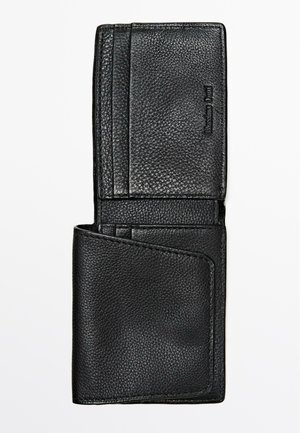 Schwarzes Lederportemonnaie mit strukturierter Oberfläche, zweifachem Klappdesign, mehreren Kartenfächern, dezentem Markenlogo und glattem Innenfutter.