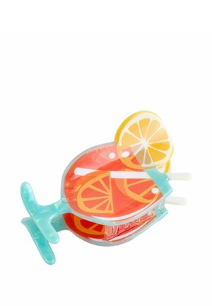 Turquoise hair claw clip shaped like a cocktail glass with orange and lemon slice designs and two white straws.