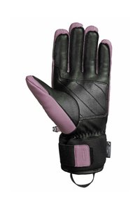 Schwarze und pinke Skihandschuhe aus Leder, mit beweglichen Fingern, gepolsterter Handfläche, verstellbarem Handgelenkgurt und strukturierten Griffakzenten.