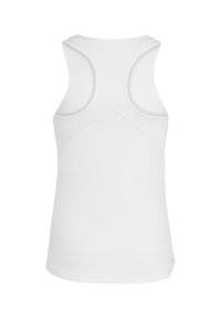 Débardeur blanc sans manches avec un design dos nageur, une texture lisse et des détails de couture discrets au dos.