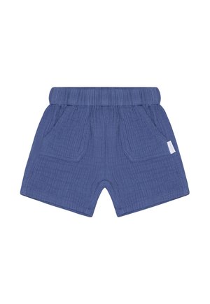 Niebieskie bawełniane szorty z elastycznym pasem, przednimi kieszeniami oraz teksturowaną, pogniecioną tkaniną i luźnym krojem.