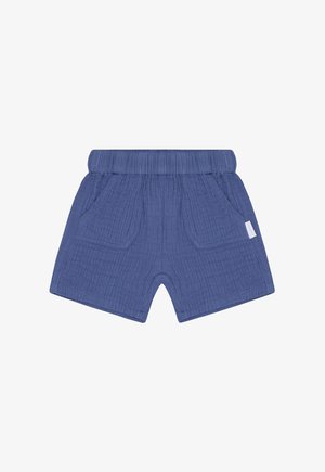 Blauwe katoenen shorts met een elastische tailleband, steekzakken aan de voorkant en een gestructureerde, gekreukelde stof met een ontspannen pasvorm.