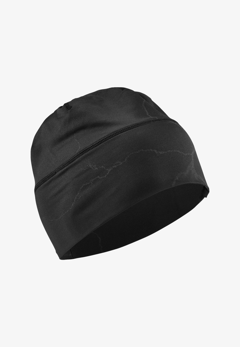 Black hat with a smooth fabric, features a marble pattern in darker black. Fitted design with an elastic band around the bottom edge.