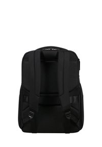 Sac à dos noir avec des bretelles rembourrées, surface texturée, fermeture à double zip et compartiments spacieux pour l'organisation.