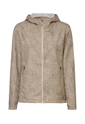 Giacca beige con cappuccio con un sottile motivo a linee astratte, cerniera frontale e tasche laterali con cerniera, progettata per l'uso all'aperto.