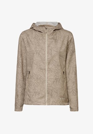 Giacca beige con cappuccio con un sottile motivo a linee astratte, cerniera frontale e tasche laterali con cerniera, progettata per l'uso all'aperto.