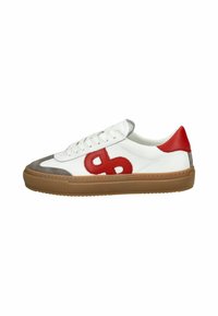 Sneakers featuring a white leather upper, red logo detail, gray suede accents, and a gum rubber sole with a textured pattern.
