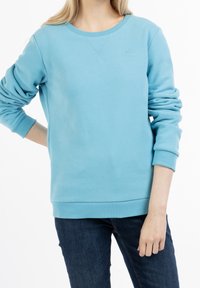 Ljusblå sweatshirt med ribbad mudd och nederkant. Har rund hals och subtila broderade detaljer på bröstet och ärmen.