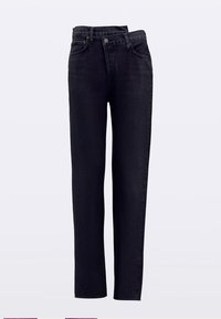 Črne kavbojke z ravnimi hlačnicami, visokim pasom, zankami za pas in klasičnim pet žepi. Gladek tekstura in minimalni okraski.