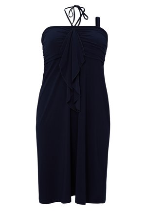 Navyblaues Sommerkleid mit Halterneck und einem rüschendetails an der Vorderseite. Hergestellt aus weichem Stoff mit einer fließenden Silhouette.