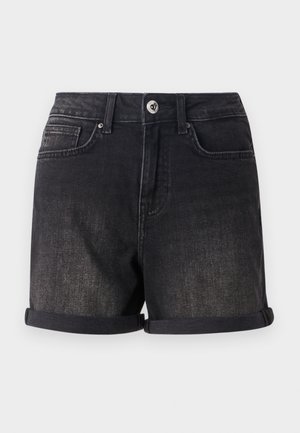 Zwarte denim shorts met een opgerolde zoom, vijf zakken en een voorste knoopsluiting. De stof heeft een licht vervagende afwerking.
