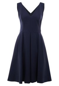 Navy-Kleid mit V-Ausschnitt, ärmellosem Design, plissiertem Rock und tailliertem Oberteil. Aus glattem Stoff mit einer kontrastierenden Innenfarbe gefertigt.