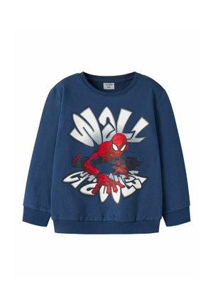 Sweat-shirt bleu marine à manches longues avec un graphisme rouge Spider-Man et un texte blanc style bande dessinée "Wall Crawler" sur le devant.