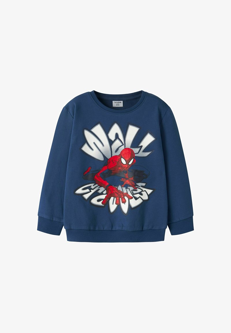 Sweat-shirt bleu marine à manches longues avec un graphisme rouge Spider-Man et un texte blanc style bande dessinée "Wall Crawler" sur le devant.
