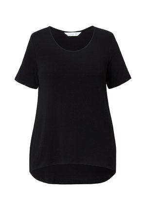 Sort t-shirt med korte ærmer, rund halsudskæring og en let forlænget søm bagpå. Fremstillet af blødt, letvægtsstof.