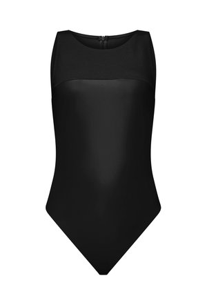 Zwarte badpak in één stuk met een hoge hals en mouwloos ontwerp. Kenmerken zijn een matte voorkant en een getextureerde achterkant, met een ritssluiting aan de achterzijde.