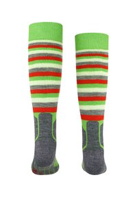 Knästrumpor med ett randigt mönster i grön, vit, grå och röd. Tillverkade av ett mjukt tyg med förstärkta hälar och tår.