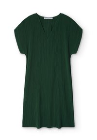 Mörkgrön plisserad kortärmad klänning med V-ringning och lös passform, med ett märke vid halslinningen.
