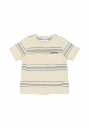 Kortærmet t-shirt i bomuld i cremefarve med horisontale blå og brune striber; har en brystlomme på venstre side og rund hals.