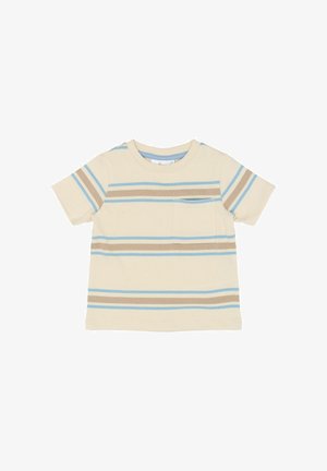 Kortærmet t-shirt i bomuld i cremefarve med horisontale blå og brune striber; har en brystlomme på venstre side og rund hals.