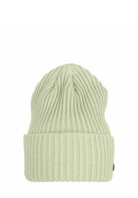 Light green knitted beanie hat, featuring ribbed texture, a folded cuff, and a small logo tag on the side. Soft fabric, casual design.