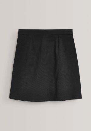 Minigonna nera plissettata realizzata in tessuto liscio con una cintura aderente e linee pulite. Design semplice senza motivi o accenti visibili.