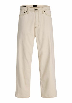 Smėlinės spalvos tiesaus kirpimo džinsai su penkiomis kišenėmis, sagos ir užtrauktuko užsegimu, diržo kilpelėmis bei kontrastingu siuvimu, iš Jack & Jones.