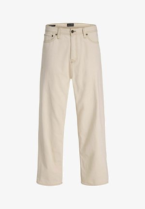 Jean droit beige avec cinq poches, fermeture par bouton et zip, passants de ceinture et surpiqûres contrastantes de Jack & Jones.