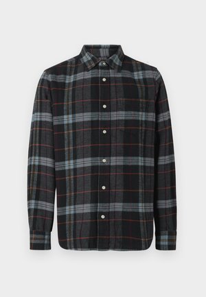 Cămașă cu carouri negre și gri, cu accente albastre, roșii și portocalii. Material din bumbac, mâneci lungi, un buzunar pe piept, guler standard.