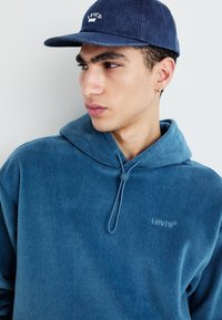 Felpa in pile blu con chiusura a mezzo zip e logo ricamato di Levi's. Abbinata a un cappellino in denim scuro con un logo simile.