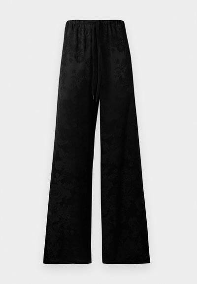 Wide-leg black trousers made of smooth fabric, featuring an elastic waistband, drawstring detail, and a subtle floral pattern.