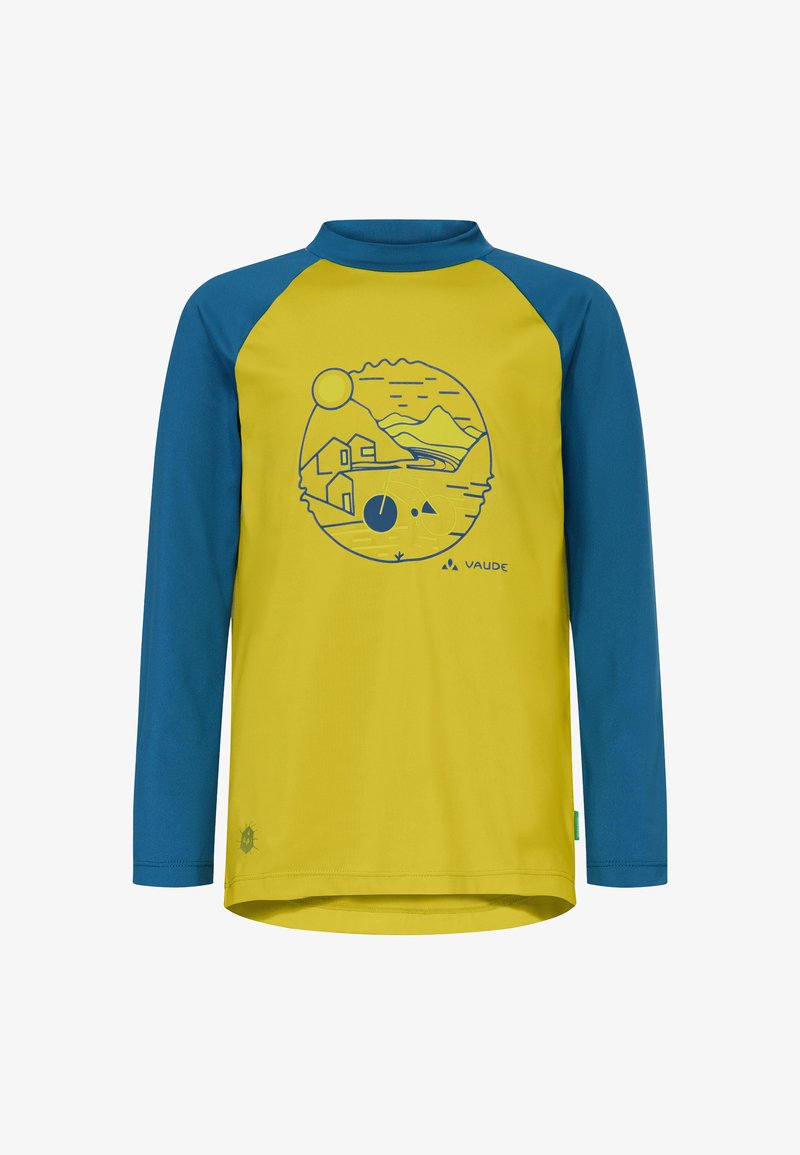 Chemise à manches longues jaune et bleue avec graphique de montagne, soleil, maison et bicyclette, ainsi que le logo Vaude sur le devant.
