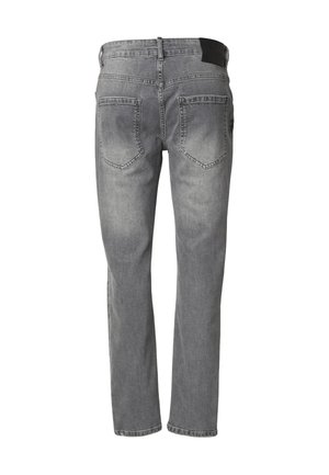 Jean en denim gris pour homme, coupe droite, vu de dos, avec deux poches arrière et une étiquette en cuir noir sur la ceinture.