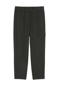 Pantaloni grigio scuro con vita elastica, tessuto testurizzato e tasca cargo laterale. Design con gamba affusolata.