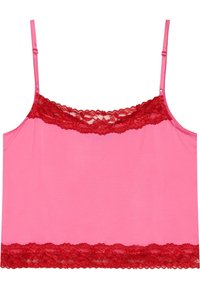 Camiseta de tirantes finos en color rosa, con un elegante borde de encaje rojo en el escote y el dobladillo inferior, fabricada con un tejido suave.