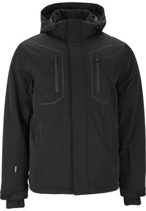 Schwarze wasserdichte Jacke aus synthetischem Material. Sie verfügt über einen hohen Kragen, eine verstellbare Kapuze, zwei mit Reißverschluss gesicherte Brusttaschen und verstärkte Manschetten.