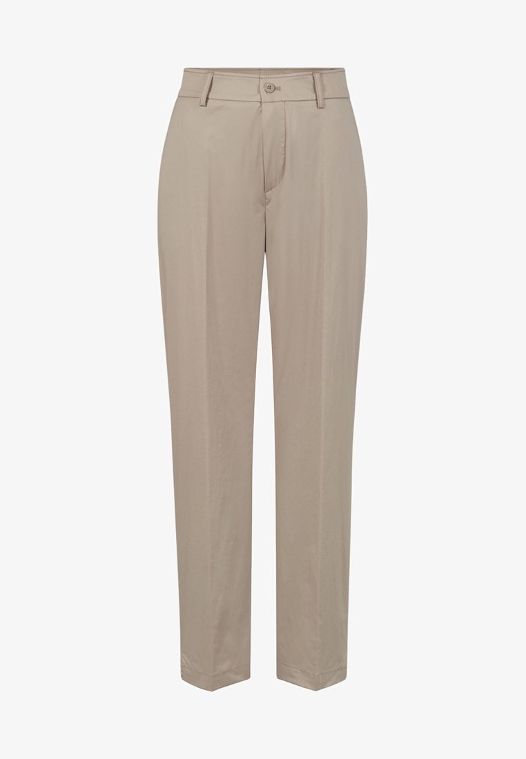 Pantalon beige taille haute ajusté avec passants de ceinture, fermeture à bouton et coupe droite.