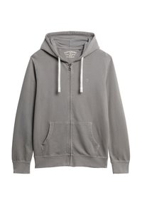 Gray zip-up hoodie made of cotton blend fabric. Features a drawstring hood, two front pockets, and a small logo on the chest.