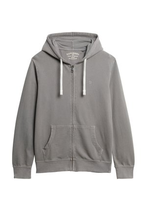 Grauer Reißverschluss-Hoodie aus Baumwollmischung. Besitzt eine Kapuze mit Kordelzug, zwei Fronttaschen und ein kleines Logo auf der Brust.