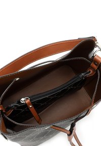 Borsa a tracolla in pelle marrone con un esterno grigio a motivo, tasca interna con zip e due manici in pelle. Texture liscia e forma strutturata.