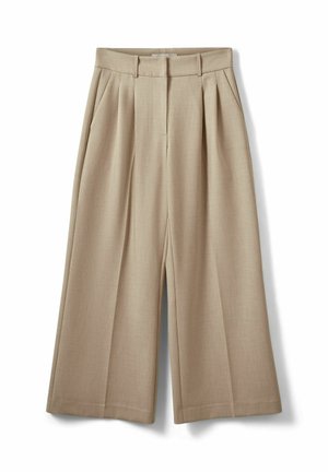 Béžové široké nohavice s vysokým pásom, prednými záhybmi, bočnými vreckami, pútkami na opasok a skrytým predným zapínaním.