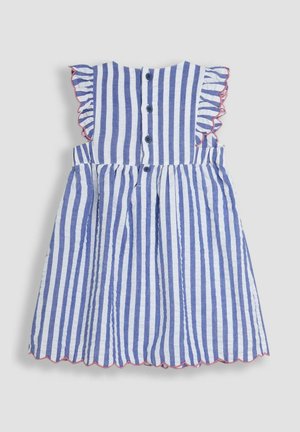 Gestreiftes Kleid in Blau und Weiß mit Rüschensleeves, Knopfverschluss hinten und gewelltem Saum mit roten Akzenten.