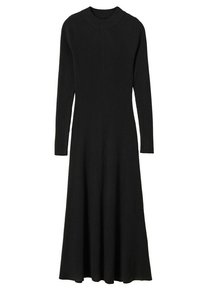 Robe en tricot côtelé noire longue avec des manches longues, un col montant, un corsage ajusté et une jupe évasée.