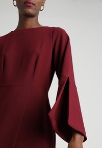 Viininpunainen mekko, jossa on venekaula-aukko ja levenevät hihat, valmistettu sileästä ja rakenteellisesta kankaasta. Vyötäröllä on saumauskoristelu.