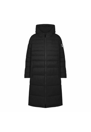 Schwarzer gepolsterter Mantel mit Kapuze, Frontreißverschluss, langen Ärmeln und knielangem Schnitt. Verfügt über gesteppte Abschnitte und seitliche Taschen.