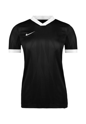 Maillot de sport noir à manches courtes avec col en V blanc et poignets de manches blancs, avec une texture subtilement imprimée et un logo Nike Swoosh blanc.