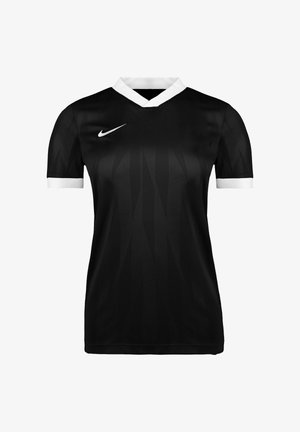Maglia sportiva nera a maniche corte con colletto a V bianco e polsini delle maniche bianchi, con una sottile texture a motivo e un logo Nike swoosh bianco.