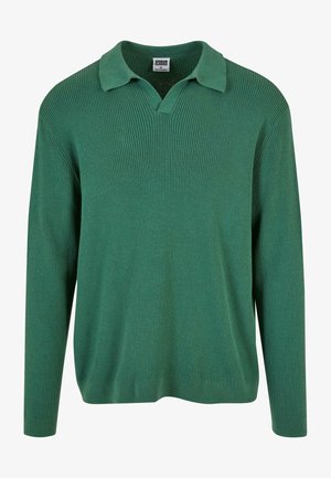Grüner langärmeliger Rippstrick-Pullover mit Kragen und V-Ausschnitt, mittlere Größe, Etikett zeigt "Urban Classics."