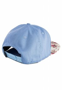 Blue fabric cap with a floral-patterned brim. Adjustable plastic strap at the back. Smooth texture with subtle stitching details.