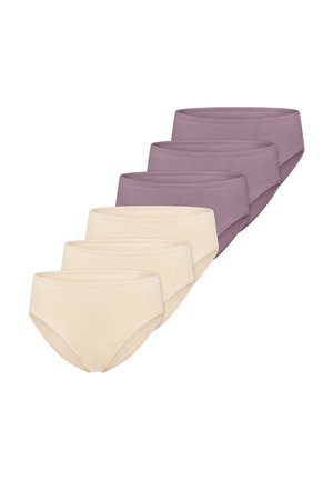 Three beige and three mauve women's high-waist briefs arranged in a staggered row on a white background.
